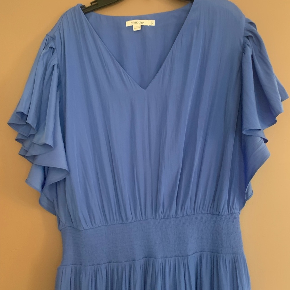 Chicos cornflower blue silk tier dress with pockets